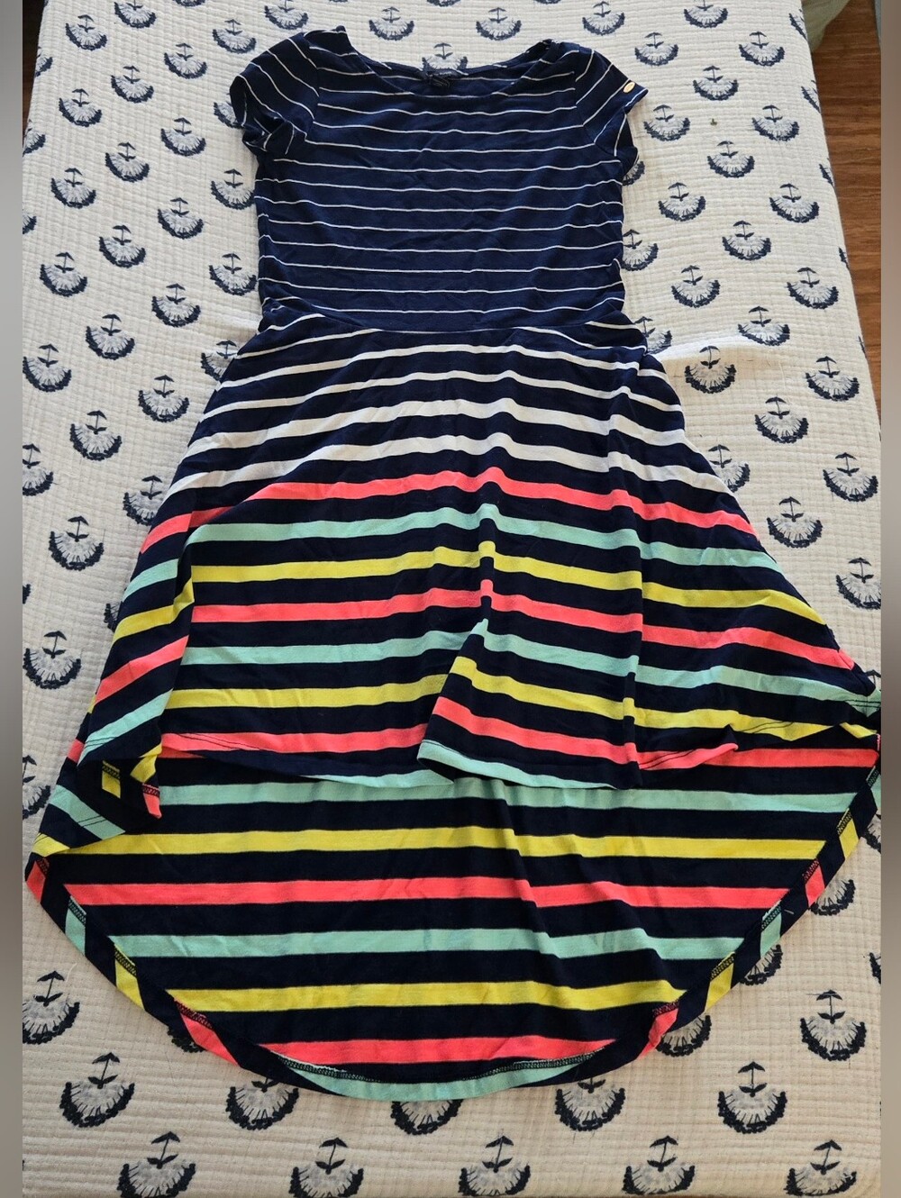 Girls Tommy Hilfiger Navy Dress with Hi-Lo Multicolor Stripe Skirt